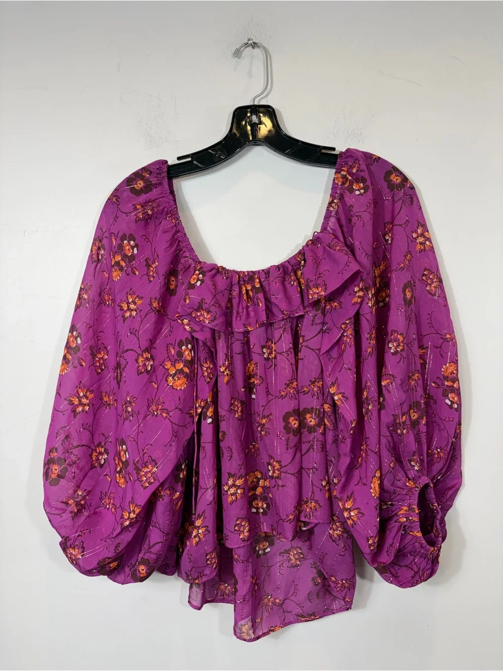 Ulla Johnson Silk Floral Peasant Blouse Purple Metallic Puff Sleeve Size 2